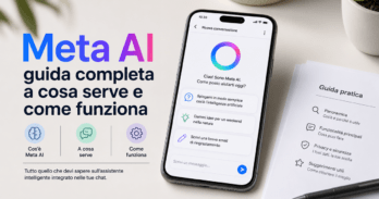 Meta AI guida completa a cosa serve e come funziona Smartphone con interfaccia Meta AI guida completa su scrivania minimalista con taccuino