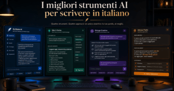 I migliori strumenti AI per scrivere in italiano: confronto pratico Confronto visivo tra i migliori strumenti AI per scrivere in italiano su quattro schermi
