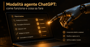 Modalità agente ChatGPT come funziona e cosa sa fare Schema visivo della modalità agente ChatGPT con checklist di task automatizzati su schermo