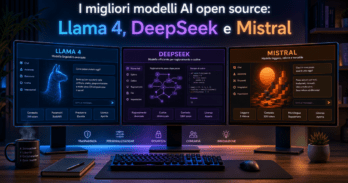 I migliori modelli AI open source: confronto tra Llama 4, DeepSeek e Mistral Confronto visivo tra modelli AI open source Llama 4 DeepSeek e Mistral su schermo