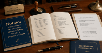 Notaio: come scrivere un libro per spiegare il tuo lavoro e acquisire clienti Scrivania di notaio con libro professionale e atti notarili, illustrazione del concetto notaio scrivere un libro acquisire clienti