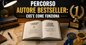 Percorso autore bestseller cos'è e come funziona Schema visuale del percorso autore bestseller di Bruno Editore con libro e trofeo Numero1