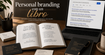 Personal branding con un libro: come costruire autorevolezza e acquisire clienti Schema visuale del personal branding con un libro aperto su scrivania professionale con biglietti da visita