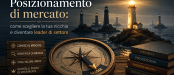 Posizionamento di mercato: come scegliere la tua nicchia e diventare leader di settore Illustrazione del posizionamento di mercato nicchia con bussola e libro aperto