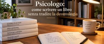 Psicologo: come scrivere un libro senza tradire la deontologia Psicologo che scrive un libro da psicologo circondato da appunti e libri professionali