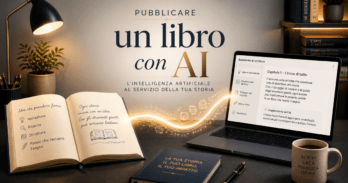 Pubblicare un libro con AI: guida pratica per autori Visual del processo per pubblicare un libro con AI con libro aperto e laptop di Bruno Editore
