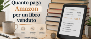 Quanto paga Amazon per un libro venduto: il calcolo completo copia per copia Grafico che spiega quanto paga Amazon per un libro venduto tra royalty ed ebook