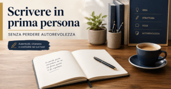 Scrivere in prima persona senza perdere autorevolezza: la guida pratica Scrivania con notebook aperto e penna, guida su come scrivere in prima persona senza perdere autorevolezza