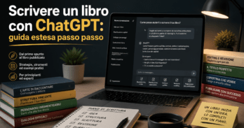 Scrivere un libro con ChatGPT guida estesa passo passo Scrivania moderna con laptop e libri, guida per scrivere un libro con ChatGPT