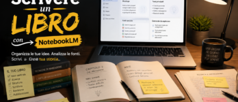 Scrivere un libro con NotebookLM: organizzare ricerche, fonti e capitoli Scrivania con appunti e notebook per organizzare ricerche e scrivere un libro con NotebookLM