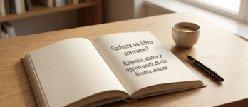Scrivere un libro conviene? Rispetto, status e opportunità di chi diventa autore Scrivania di un autore con libro aperto sul tema scrivere un libro conviene