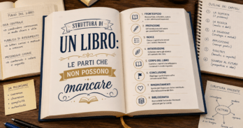 Struttura di un libro: le parti che non possono mancare Schema visuale della struttura di un libro con front matter, capitoli e back matter su scrivania professionale