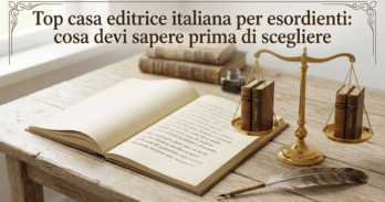 Top casa editrice italiana per esordienti: cosa devi sapere prima di scegliere Illustrazione simbolica di una casa editrice italiana per esordienti: manoscritto, bilancia e percorso editoriale