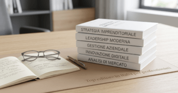 Top editore in Italia per professionisti: perché contano lettori e autori Libri professionali impilati su una scrivania che rappresentano un top editore in Italia per professionisti