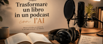 Trasformare un libro in un podcast con l'AI: strumenti e workflow Trasformare un libro in podcast con l'AI: microfono, cuffie e pagine aperte